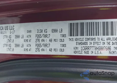 2017 Ram 1500 Slt 4X4 6'4 Box из США, поврежденный, VIN 1C6RR7TT0HS807606